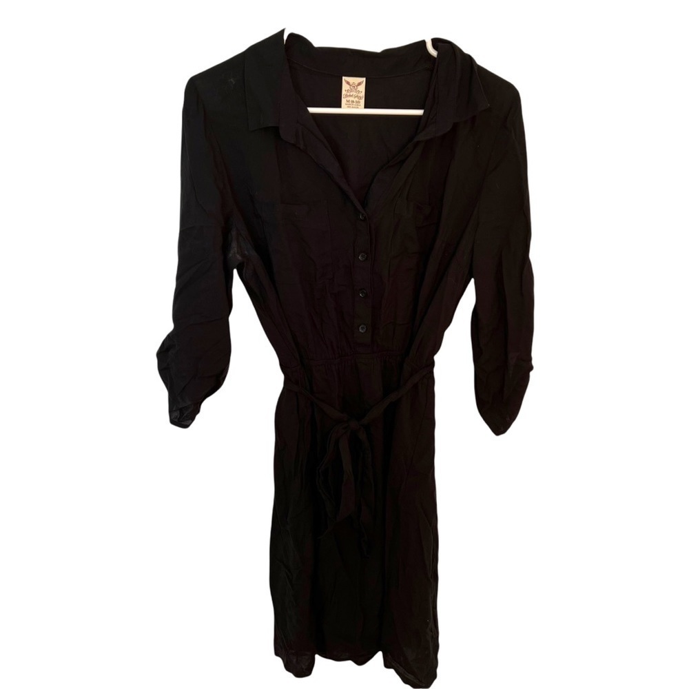 Faded Glory Womens Sz Medium 8-10 Half Button Shirt Dress Black Roll Tab Sleeves